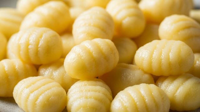 Gnocchi di patate fatti in casa, morbidi e perfetti, pronti per essere conditi, su un piatto rustico.
