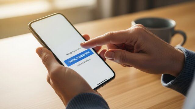 Mani di una persona matura che usa lo smartphone al tavolo della cucina per cancellare un abbonamento con espressione serena e rilassata.