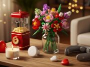 San Valentino: 5 regali sotto i 50€ che sembrano costarne il doppio (e ti salvano la serata) Tavolo con idee regalo originali per San Valentino: mazzo di fiori LEGO, macchina per popcorn rossa, candela WoodWick, AirTag e massaggiatore cervicale.