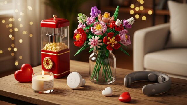 Tavolo con idee regalo originali per San Valentino: mazzo di fiori LEGO, macchina per popcorn rossa, candela WoodWick, AirTag e massaggiatore cervicale.