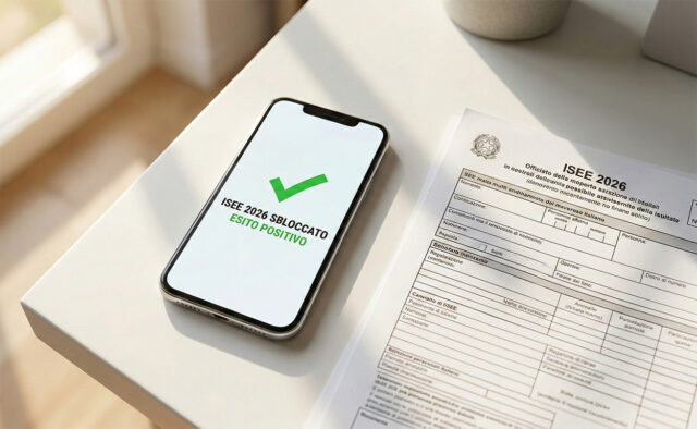 Smartphone con la scritta ISEE 2026 sbloccato esito positivo e spunta verde accanto a un modulo cartaceo ufficiale sulla scrivania.