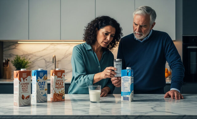 Coppia in cucina controlla con preoccupazione gli ingredienti sull'etichetta di una confezione di latte vegetale industriale