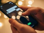 Come inviare gli stessi auguri su WhatsApp a tutti i contatti (senza creare un gruppo) Mani che tengono uno smartphone pronte a inviare un messaggio su WhatsApp con luci sfocate sullo sfondo.