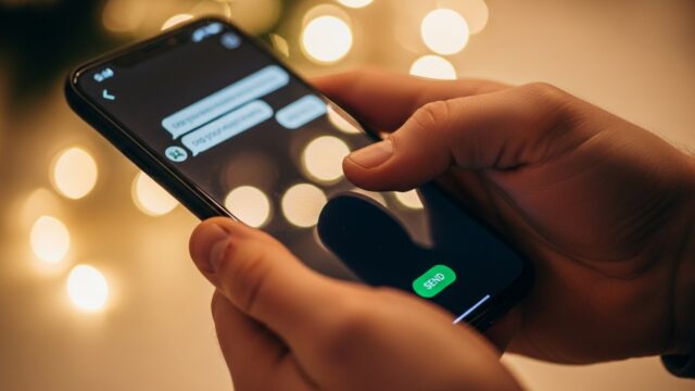 Mani che tengono uno smartphone pronte a inviare un messaggio su WhatsApp con luci sfocate sullo sfondo.
