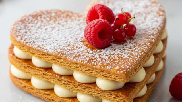 Millefoglie a cuore veloce per San Valentino, strati croccanti con crema e frutti rossi spolverata di zucchero.