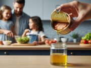 Olio del tonno in scatola: perché è un errore mangiarlo (e dove buttarlo) Mano che versa l'olio della scatoletta di tonno in un vasetto di vetro per il corretto smaltimento domestico