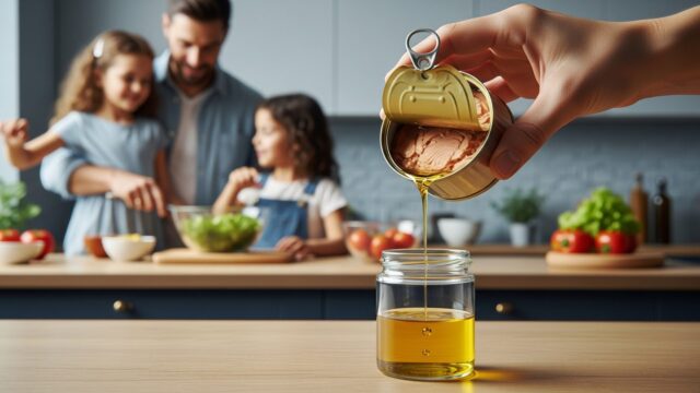 Mano che versa l'olio della scatoletta di tonno in un vasetto di vetro per il corretto smaltimento domestico