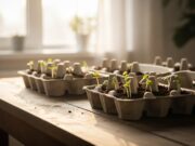 Cosa piantare a fine febbraio: 5 varietà che resistono al freddo e tagliano la spesa Piantine appena germinate in un contenitore di cartone riciclato su un tavolo di legno inondato dalla luce del mattino.