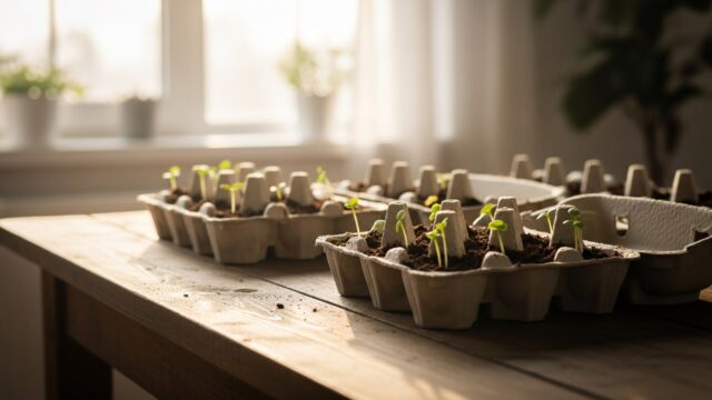 Piantine appena germinate in un contenitore di cartone riciclato su un tavolo di legno inondato dalla luce del mattino.