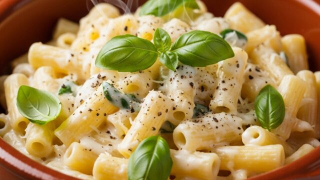 Primo piano di pasta e patate alla napoletana, molto cremosa, servita in ciotola rustica con basilico e scorza di parmigiano.