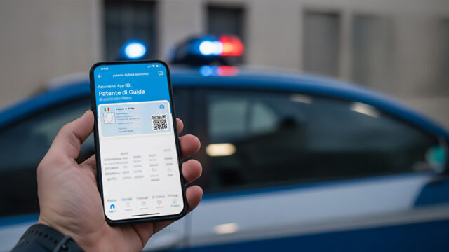 Primo piano di una mano che tiene uno smartphone con una patente digitale e un codice QR, con luci della polizia sfocate sullo sfondo.