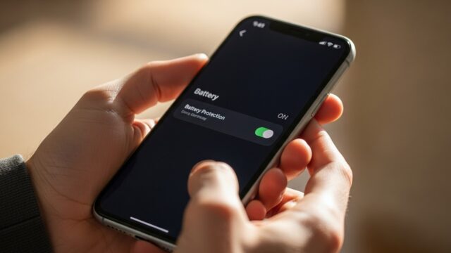 Mani che tengono uno smartphone moderno mostrando le impostazioni della batteria in una stanza illuminata dal sole.