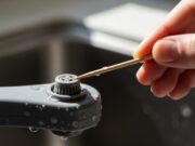 Come togliere l’opacità dai bicchieri in lavastoviglie: pulizia dei bracci irroratori e regolazione del brillantante Persona che pulisce i fori di un braccio irroratore della lavastoviglie con uno stuzzicadenti