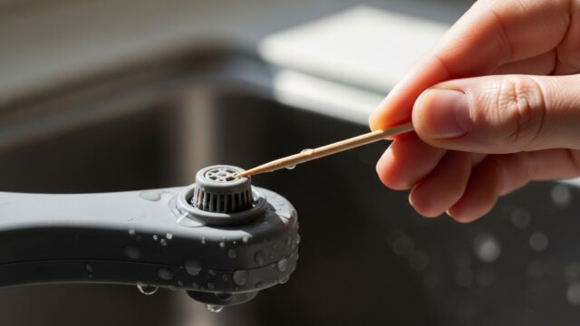 Persona che pulisce i fori di un braccio irroratore della lavastoviglie con uno stuzzicadenti