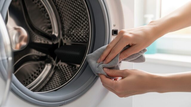 Mani che puliscono delicatamente la guarnizione in gomma di una lavatrice con un panno in microfibra.
