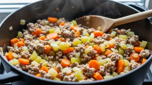 Primo piano in pentola di ghisa di un vero ragù bianco con carne macinata e soffritto di verdure (carote, sedano, cipolla) tagliate irregolarmente a mano con il coltello.
