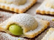 Ravioli dolci di sfoglia al pistacchio: la ricetta furba di Carnevale pronta in 15 minuti (senza frittura) Ravioli dolci di sfoglia ripieni di pistacchio, non fritti, spolverati con zucchero a velo su piatto rustico.