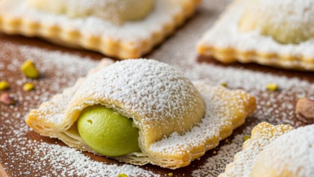 Ravioli dolci di sfoglia ripieni di pistacchio, non fritti, spolverati con zucchero a velo su piatto rustico.