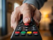 Come velocizzare una Smart TV lenta: l’impatto dello Standby sulla RAM e la guida al Riavvio Profondo Primo piano di una mano che preme il tasto di accensione del telecomando per riavviare il televisore.