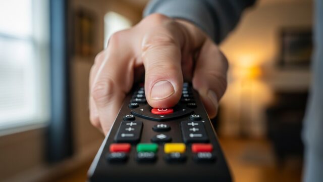 Primo piano di una mano che preme il tasto di accensione del telecomando per riavviare il televisore.