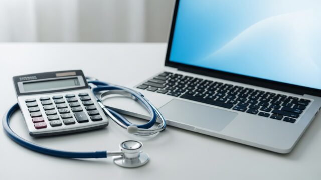 Stetoscopio e calcolatrice su scrivania, simbolo del calcolo ticket sanitario e esenzioni