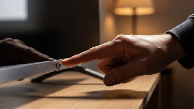 Mano che preme il tasto di accensione fisico sotto la cornice di una smart tv in un salotto luminoso.