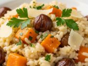 Risotto alla zucca e castagne: la guida alla mantecatura tecnica Risotto cremoso alla zucca e castagne, mantecato alla perfezione, servito in ciotola rustica con prezzemolo fresco.