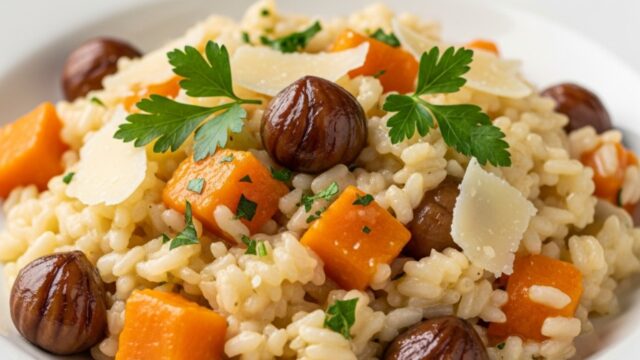 Risotto cremoso alla zucca e castagne, mantecato alla perfezione, servito in ciotola rustica con prezzemolo fresco.