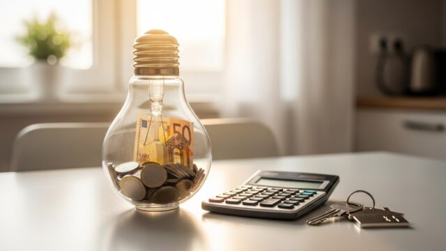 Lampadina salvadanaio su un tavolo per simboleggiare il risparmio energetico e i bonus bollette