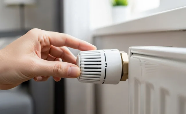 Mano che regola la valvola termostatica del termosifone sul numero 3 per risparmiare gas