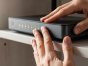 Surriscaldamento del router Wi-Fi e rischio di danni ai componenti interni Mani appoggiate su un router posizionato su una mensola di legno aperta per controllarne la temperatura