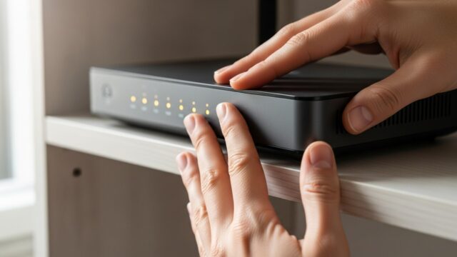 Mani appoggiate su un router posizionato su una mensola di legno aperta per controllarne la temperatura