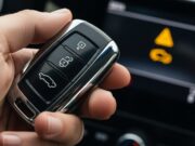 Assicurazione Auto: ecco come i dati della “Scatola Nera” possono annullare il tuo risarcimento Primo piano di una mano che tiene le chiavi dell'auto vicino a un cruscotto digitale con icona di avviso, simboleggiando i rischi della scatola nera.