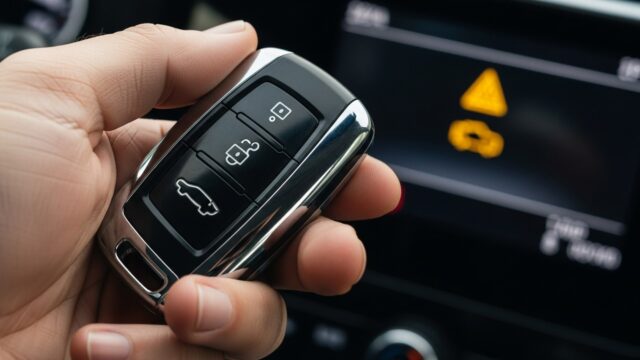 Primo piano di una mano che tiene le chiavi dell'auto vicino a un cruscotto digitale con icona di avviso, simboleggiando i rischi della scatola nera.