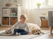 Come trasformare la casa in un luogo sicuro per bambini e animali domestici Bambino piccolo e cane Golden Retriever seduti in sicurezza su un tappeto in un soggiorno luminoso e protetto.