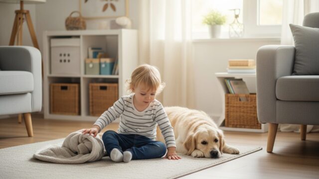 Bambino piccolo e cane Golden Retriever seduti in sicurezza su un tappeto in un soggiorno luminoso e protetto.