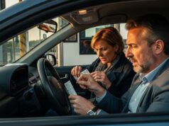 Smarrimento ticket autostrada: la procedura per evitare la multa massima Coppia in auto ferma al casello autostradale con espressione preoccupata mentre cerca il ticket del pedaggio smarrito.