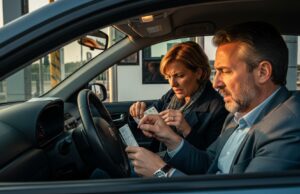 Smarrimento ticket autostrada: la procedura per evitare la multa massima Coppia in auto ferma al casello autostradale con espressione preoccupata mentre cerca il ticket del pedaggio smarrito.