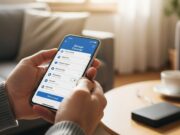 Spazio Cloud esaurito: come liberare memoria senza pagare nuovi abbonamenti Mani di una persona matura che usano uno smartphone per liberare spazio, con un hard disk esterno appoggiato su un tavolo di legno in un salotto luminoso.