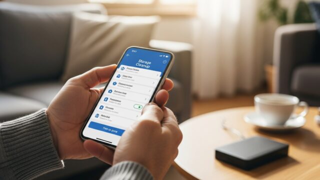 Mani di una persona matura che usano uno smartphone per liberare spazio, con un hard disk esterno appoggiato su un tavolo di legno in un salotto luminoso.
