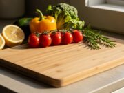 Salute in cucina: i rischi dei taglieri in plastica graffiati e quando è il momento di sostituirli Un tagliere in bambù naturale illuminato dalla luce del sole in una cucina serena, affiancato a verdure fresche e limoni.