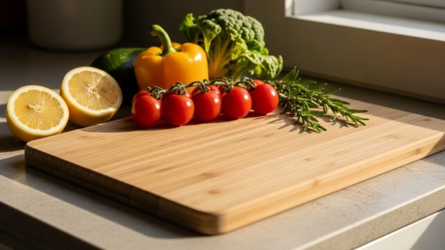 Un tagliere in bambù naturale illuminato dalla luce del sole in una cucina serena, affiancato a verdure fresche e limoni.