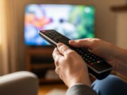 Smart TV e digitale terrestre: come disattivare l’HbbTV e i banner interattivi per velocizzare i canali Mani di una persona matura che usano il telecomando della televisione nel salotto di casa.