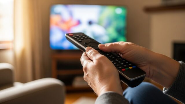 Mani di una persona matura che usano il telecomando della televisione nel salotto di casa.