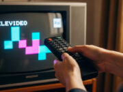 Televideo Rai e le pagine nascoste: i codici segreti degli anni ’90 Mani di una persona che puntano un telecomando vintage verso un televisore a tubo catodico che mostra la schermata iniziale del Televideo Rai con grafica a blocchi colorati.