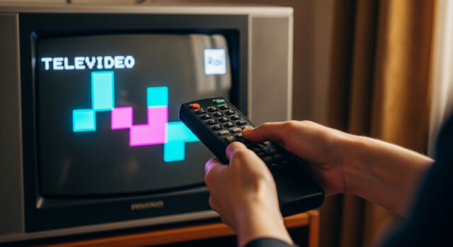 Mani di una persona che puntano un telecomando vintage verso un televisore a tubo catodico che mostra la schermata iniziale del Televideo Rai con grafica a blocchi colorati.