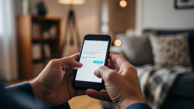 Mani di un uomo adulto che tengono uno smartphone in un soggiorno domestico luminoso.