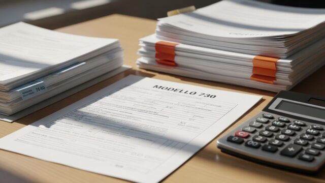 Primo piano del modello 730 precompilato italiano con calcolatrice su una scrivania ordinata