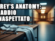 Grey’s Anatomy: Teddy e Owen lasciano definitivamente la serie tv Spogliatoio d'ospedale deserto con camice e stetoscopio abbandonati, simbolo dell'addio a Grey's Anatomy