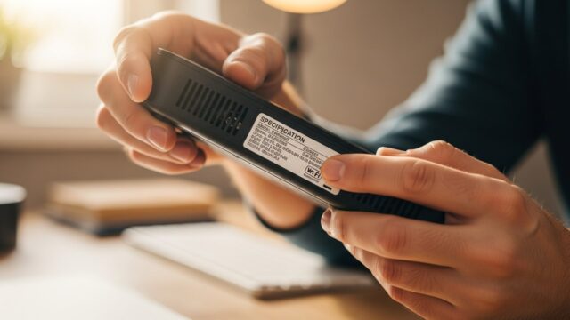 Mani maschili che leggono l'etichetta argentata posta sotto un router Wi-Fi appoggiato su una scrivania di casa.
